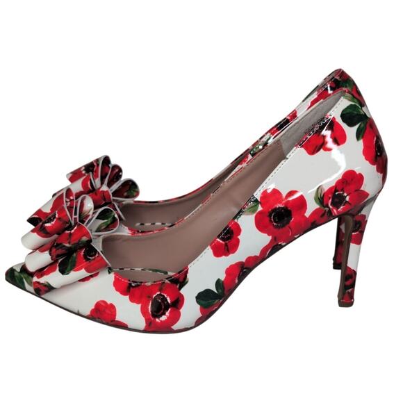 Betsey Johnson Floral Pump 9 Bow Patent Leather Stiletto Heel Coquette Pinup - Picture 1 of 9